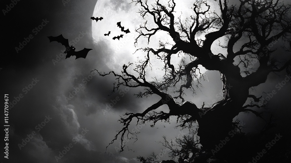 Spooky Night: A Silhouette of a Twisted Tree Under a Full Moon Spooky Night: A Silhouette of a Twisted Tree Under a Full Moon
