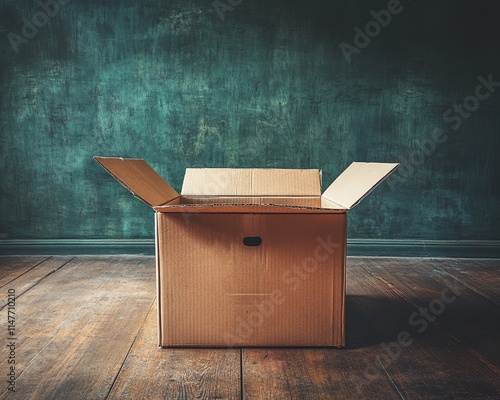 Open cardboard box on wooden floor in room. photo