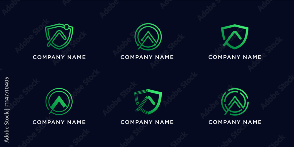 Set bundle letters A with shield and circle tech logo design Set bundle letters A with shield and circle tech logo design
