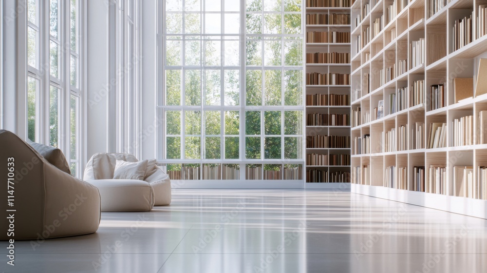 Fototapeta premium Minimalist modern home library with clean, sophisticated design. Featuring neutral tones and sleek lines