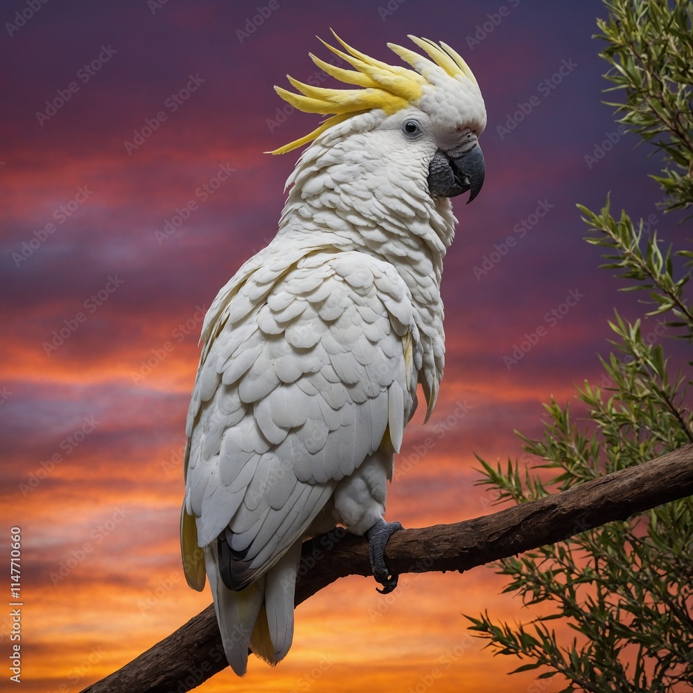 Fototapeta premium A cockatoo perched on a branch under a vibrant sunset sky.