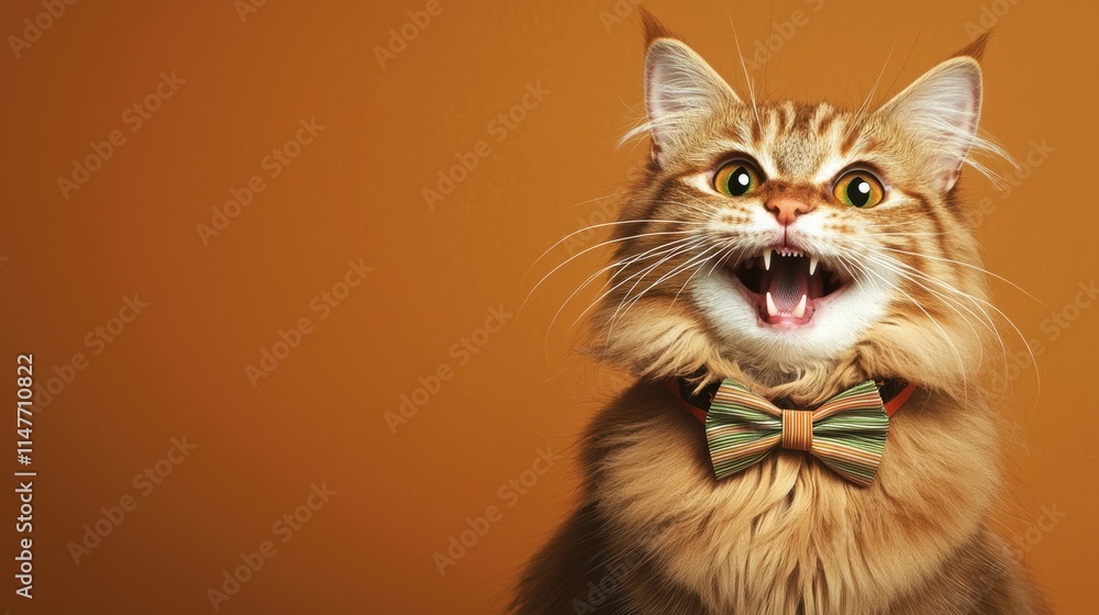 Fototapeta premium Playful cat with bow tie indoor studio animal greeting card warm color background whimsical concept