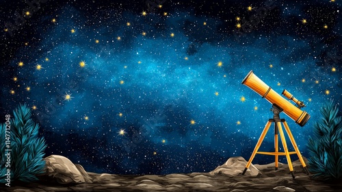 Vintage Stargazing Scene with Telescope under Night Sky