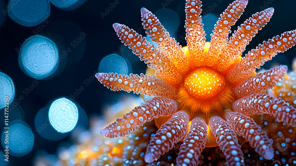 Fototapeta premium Close-up of vibrant orange sea anemone with textured tentacles against a bokeh background.