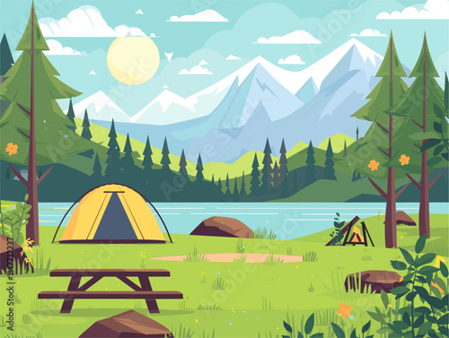 Animated Flat-Style Recreational Park Scene: An Expansive Landscape for Outdoor Enthusiasts