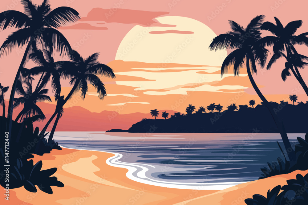 Lush Beach Landscape with Palm Trees and Ocean Waves Lush Beach Landscape with Palm Trees and Ocean Waves