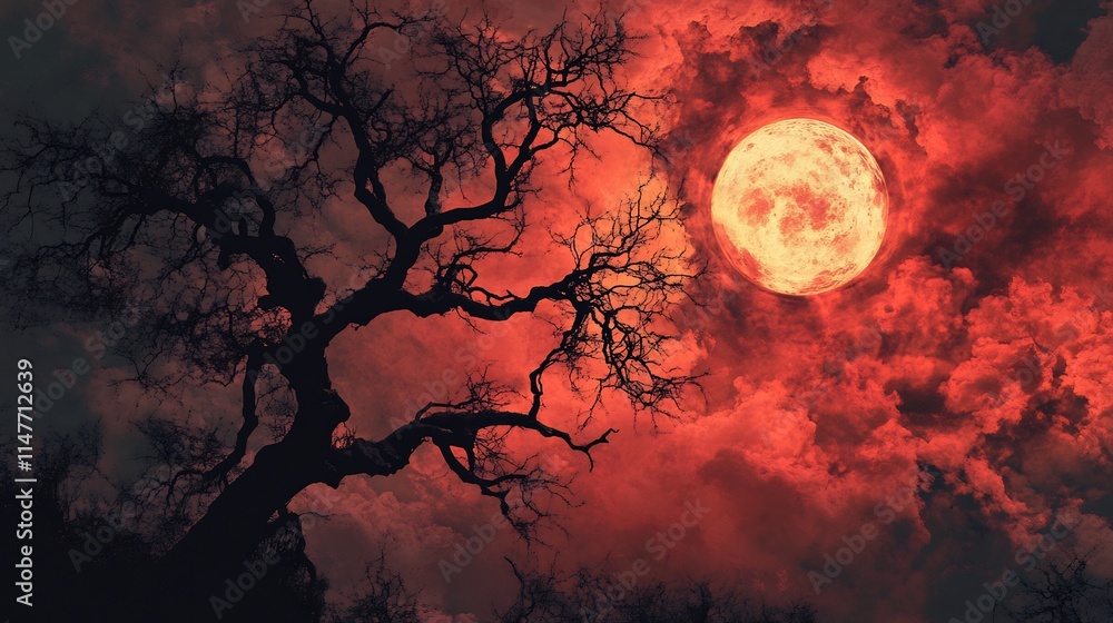 Crimson Moonrise: A Silhouette of Nature's Majesty Crimson Moonrise: A Silhouette of Nature's Majesty