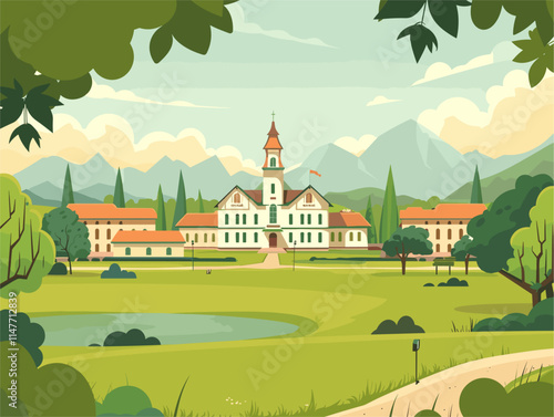 Animated Illustration of Historical Park Landscape for History Book Frontispieces