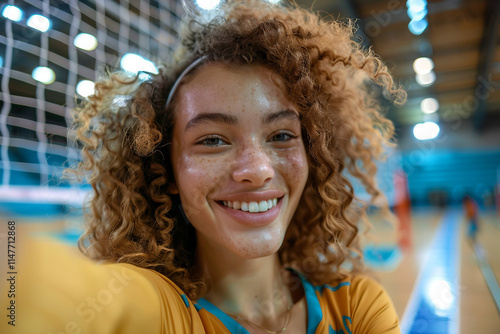 AI generated picture of smiling female blogger taking a selfie in gym