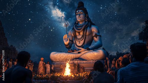 Maha Shivaratri, focus on the majestic statue of Lord Shiva with trishula in hand, surrounded by pilgrims bringing offerings like fruits and flowers, Ai generated images photo