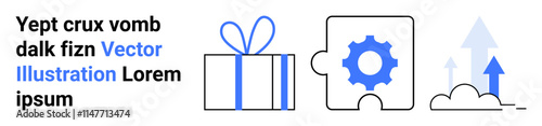 Gift box wrapped with ribbon, puzzle piece with gear, and arrows indicating growth and progress. Ideal for business strategy, growth, innovation, success, collaboration, problem-solving