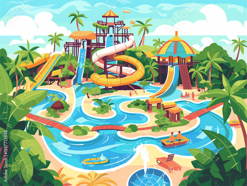 Visually Appealing Flat-Style Water Park Landscape: A Tropical Paradise Portrayed with Animated Illustrations