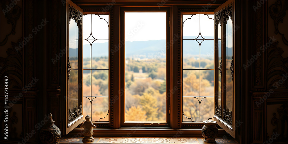 A window with three panes of glass and a view of a forest A window with three panes of glass and a view of a forest