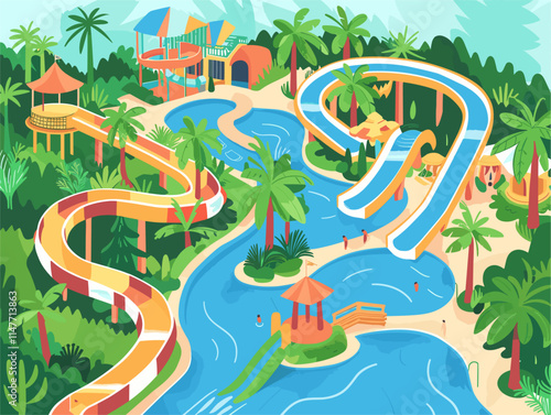 Vibrant Water Park Paradise: Immerse Yourself in Aquatic Adventures Amid Lush Tropical Landscapes