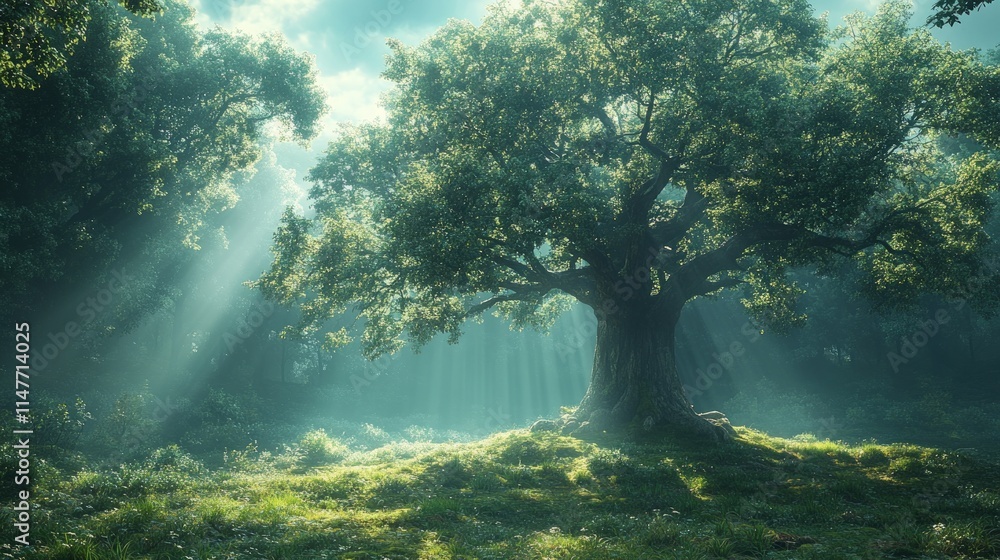 Obraz premium Sunlit forest, ancient tree, misty green.