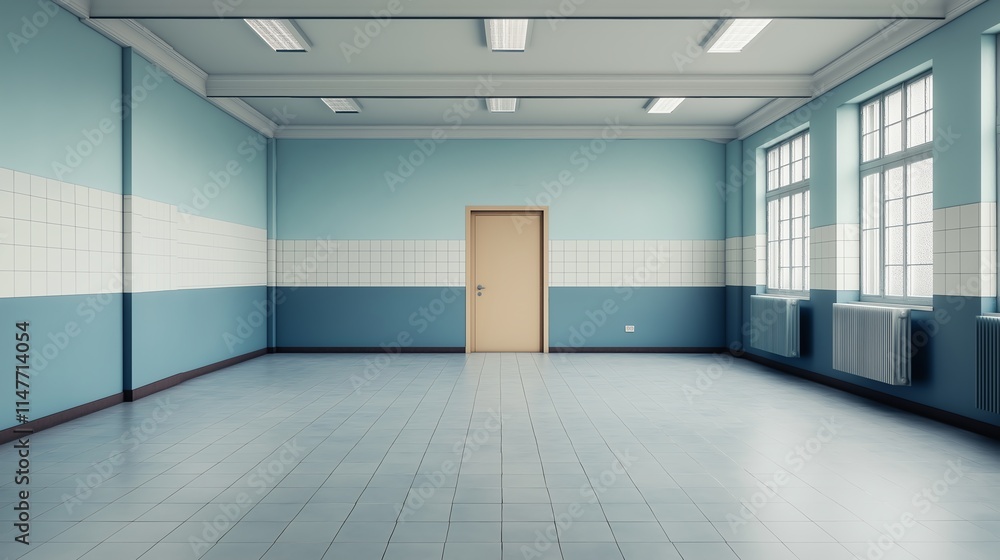 A spacious, empty room featuring light blue walls, large windows, and a single door. The clean and simple design creates an inviting atmosphere. A spacious, empty room featuring light blue walls, large windows, and a single door. The clean and simple design creates an inviting atmosphere.