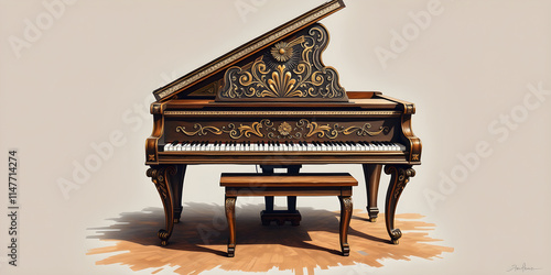 A grand piano with a bench is shown in a painting