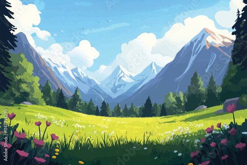Green Meadows, Snowy Mountains, and Cloudy Blue Sky