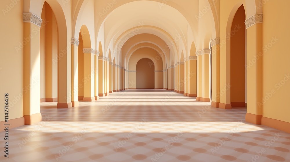 A stunning corridor with arches and warm lighting, showcasing architectural elegance and spaciousness, perfect for backgrounds and design projects. A stunning corridor with arches and warm lighting, showcasing architectural elegance and spaciousness, perfect for backgrounds and design projects.
