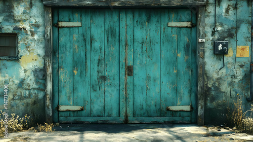 Weathered Teal Wooden Garage Doors and  Wall 3D Render