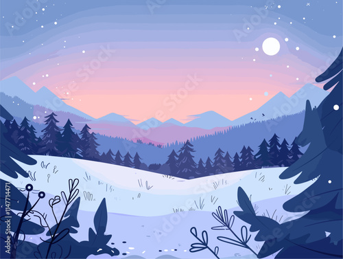 Charming Winter Wonderland Panorama: A Tranquil Scene in the Style of Enchanting Animated Illustrations