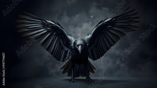 A large black bird with its wings spread out