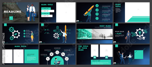 Set, powerpoint, business presentations, monetary financial circulation, buying gold coins. Infographic design template, green, black elements. Team people is creating a business. Vector illustration