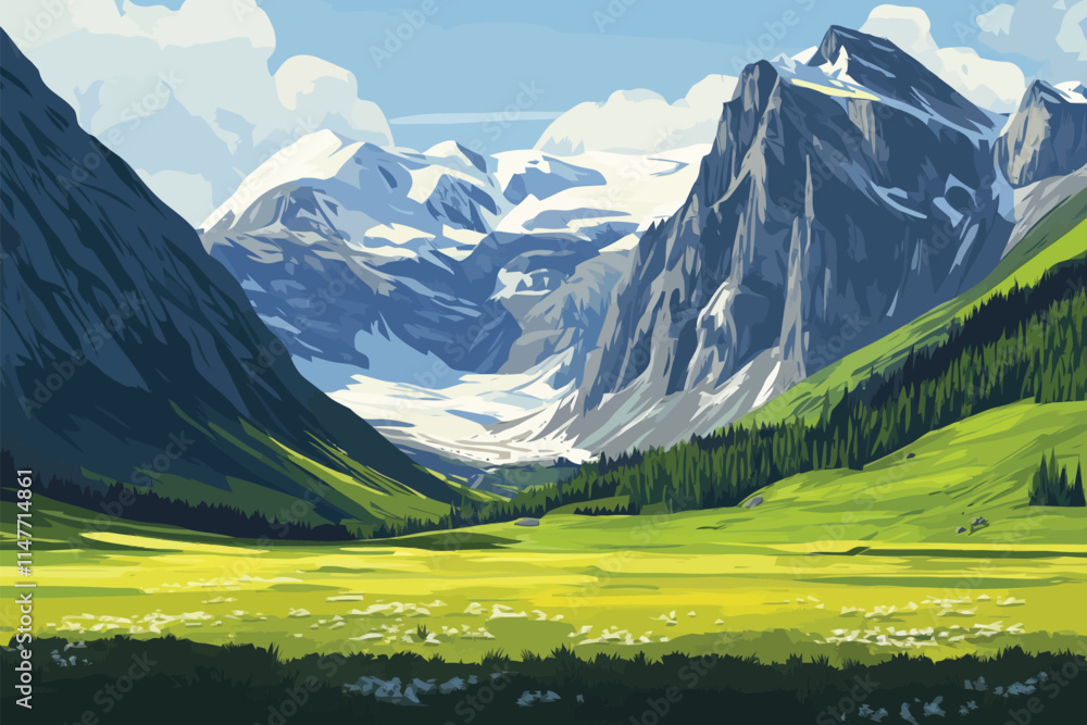 Obraz premium Lush Green Meadows and Snowy Mountains with Cloudy Sky