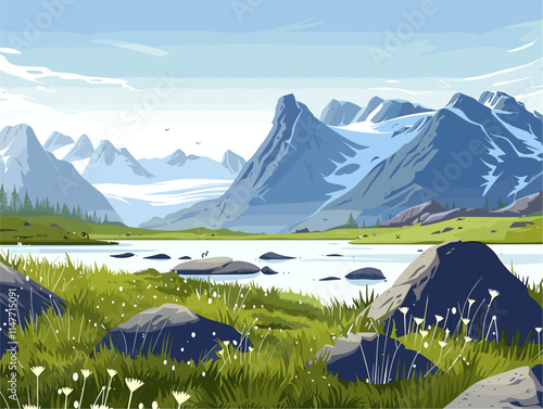 Minimalist Tundra景观：广阔的冻土地貌，点缀着苔藓和地衣，展现北极和南极荒凉之美