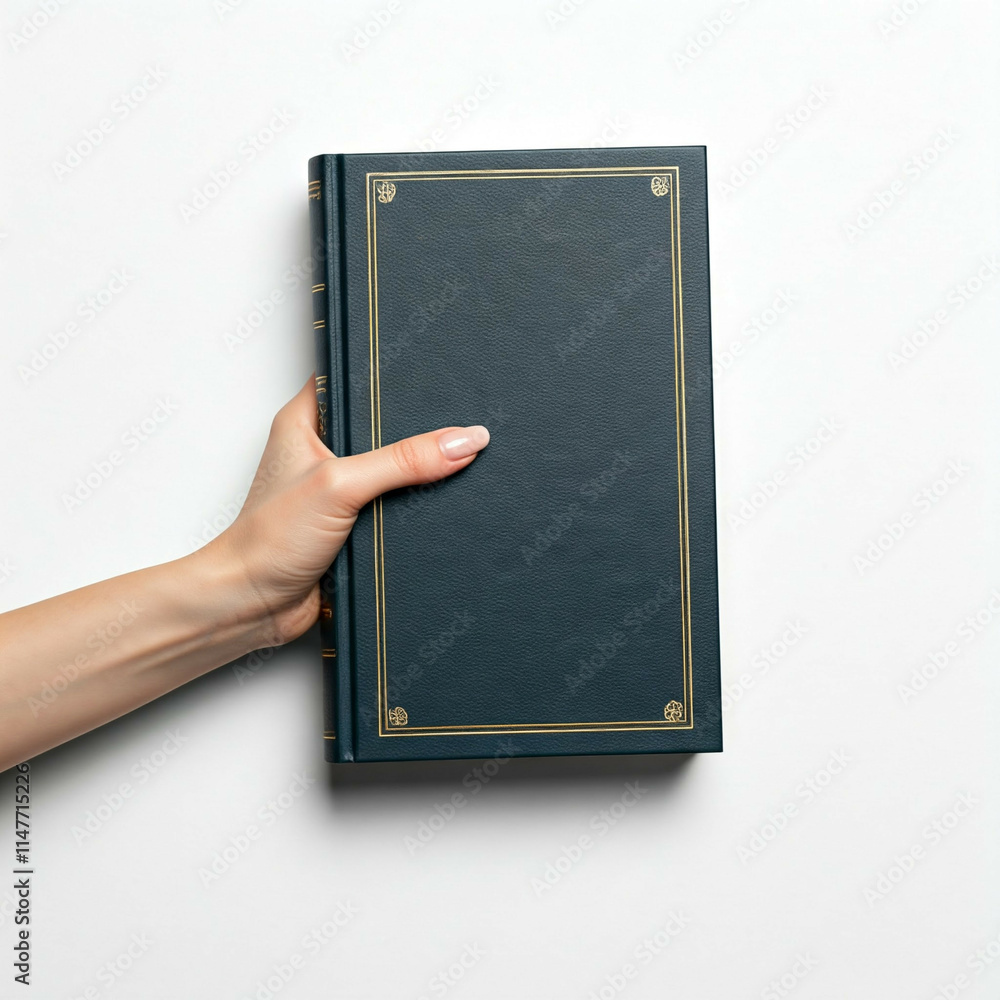 Fototapeta premium woman's hand holding a blue book with gold accents against a white background