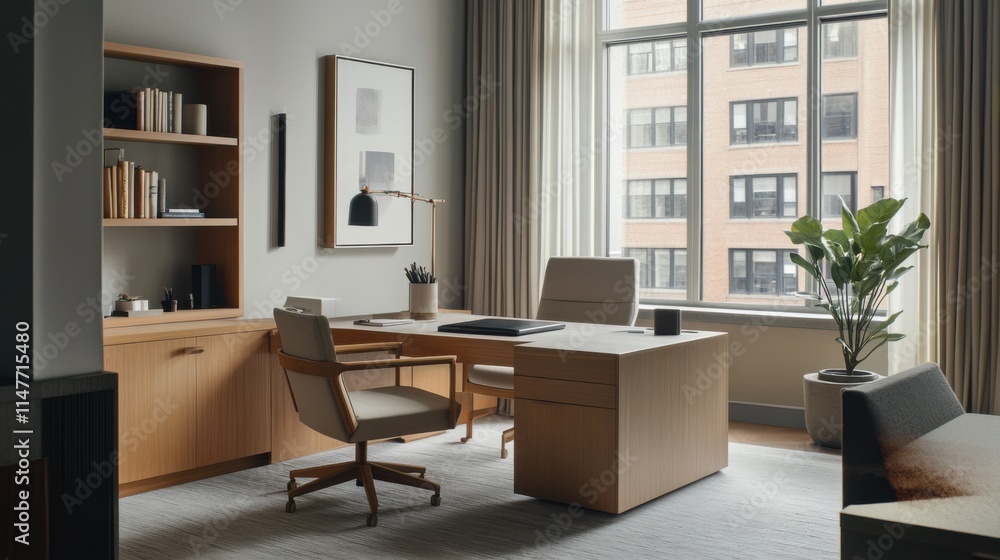 Fototapeta premium Minimalist modern home office with clean, functional design. Featuring neutral tones and sleek furniture