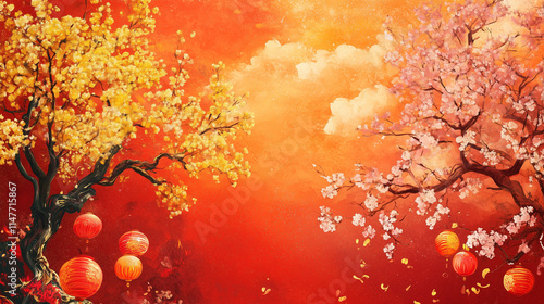 Tet Nguyen Đán banner, colorful design with yellow apricot tree and pink peach tree in bloom, decorated with red lanterns, Ai generated images