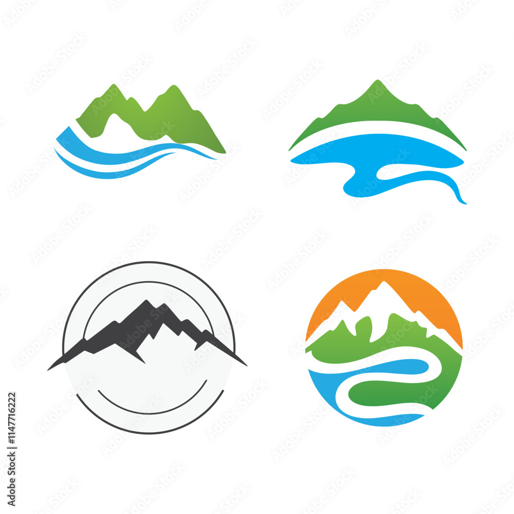 Logos of rivers, creeks, riverbanks and streams. River logo with combination of mountains and farmland with concept design vector illustration template. Logos of rivers, creeks, riverbanks and streams. River logo with combination of mountains and farmland with concept design vector illustration template.