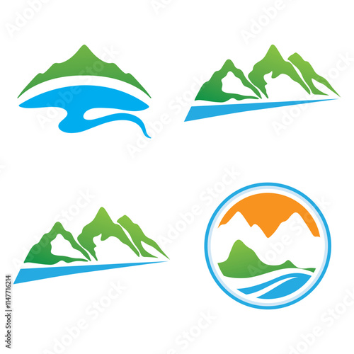 Logos of rivers, creeks, riverbanks and streams. River logo with combination of mountains and farmland with concept design vector illustration template.