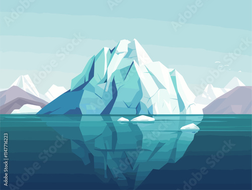 Vector Flat Style Animated Landscape: Icebergs Floating in the Sea