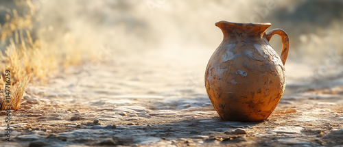 Ancient Clay Jug in Desert Landscape.