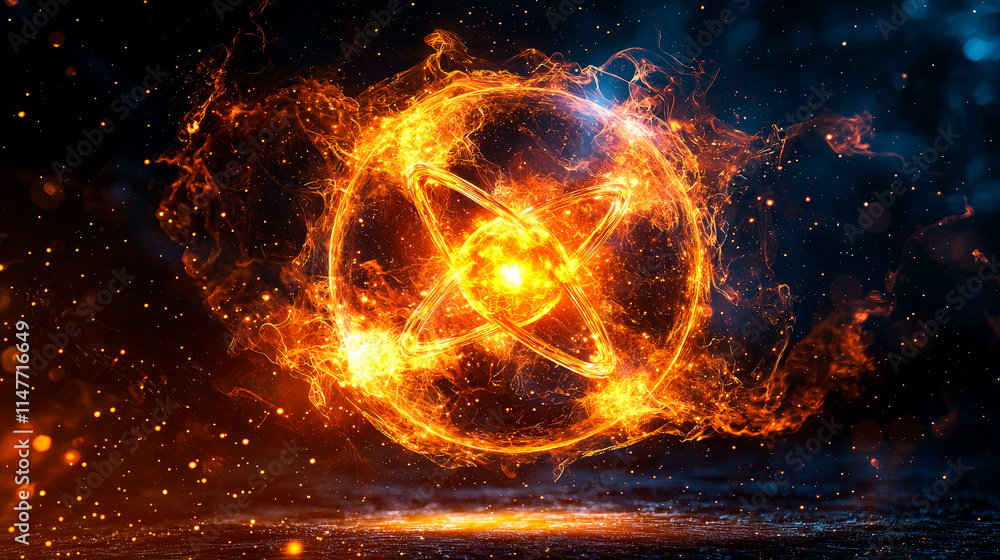 Fiery atom symbol in dark space. Fiery atom symbol in dark space.