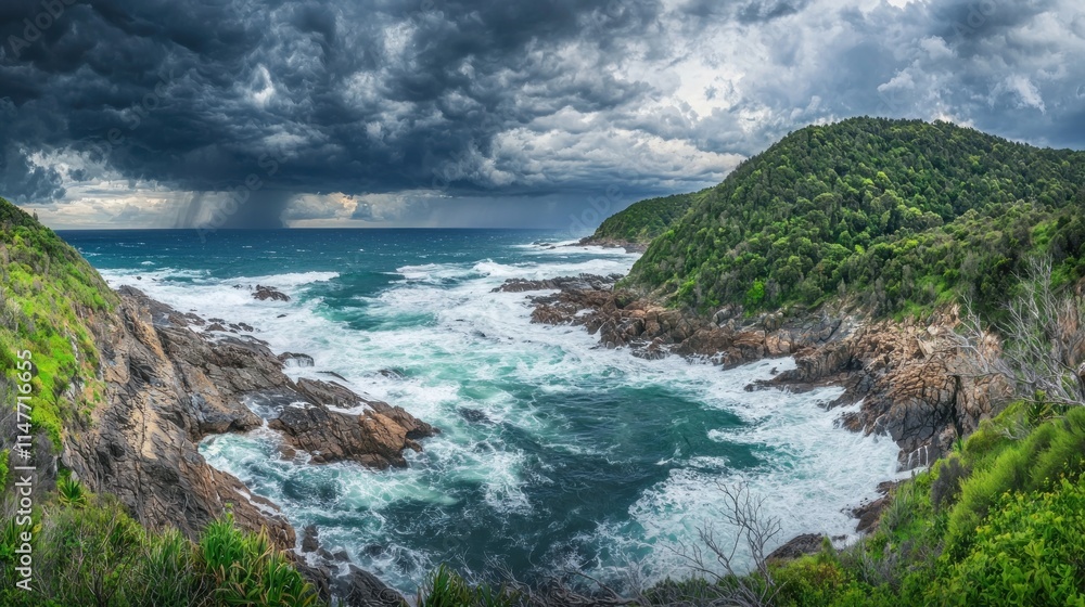 Fototapeta premium Dramatic Coastal Scene Stormy Ocean Rocky Coastline Lush Green Hills
