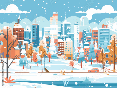 Arctic Animated Snow-Covered Landscape: A White Winter Wonderland of Tranquil Forests and Cityscapes Captured in Vibrant Vector Illustration