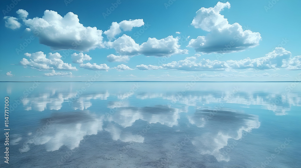 Fototapeta premium Reflective Clouds in a Blue Sky Over a Calm Lake - Illustration