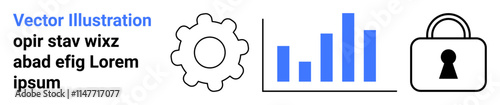Gear, bar chart, and padlock icons in black and blue represent data analysis and security concepts. Ideal for IT security, business analytics, software development, online privacy, data protection