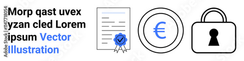 Document with blue check mark seal, Euro currency symbol inside circle, padlock with keyhole. Ideal for financial security, certification, payment systems, data encryption, digital transactions