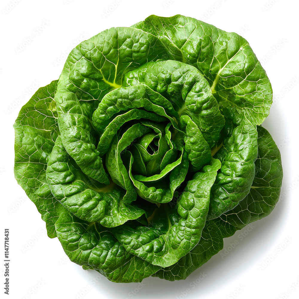 Fototapeta premium Fresh green lettuce head, rose-like shape, isolated on white.