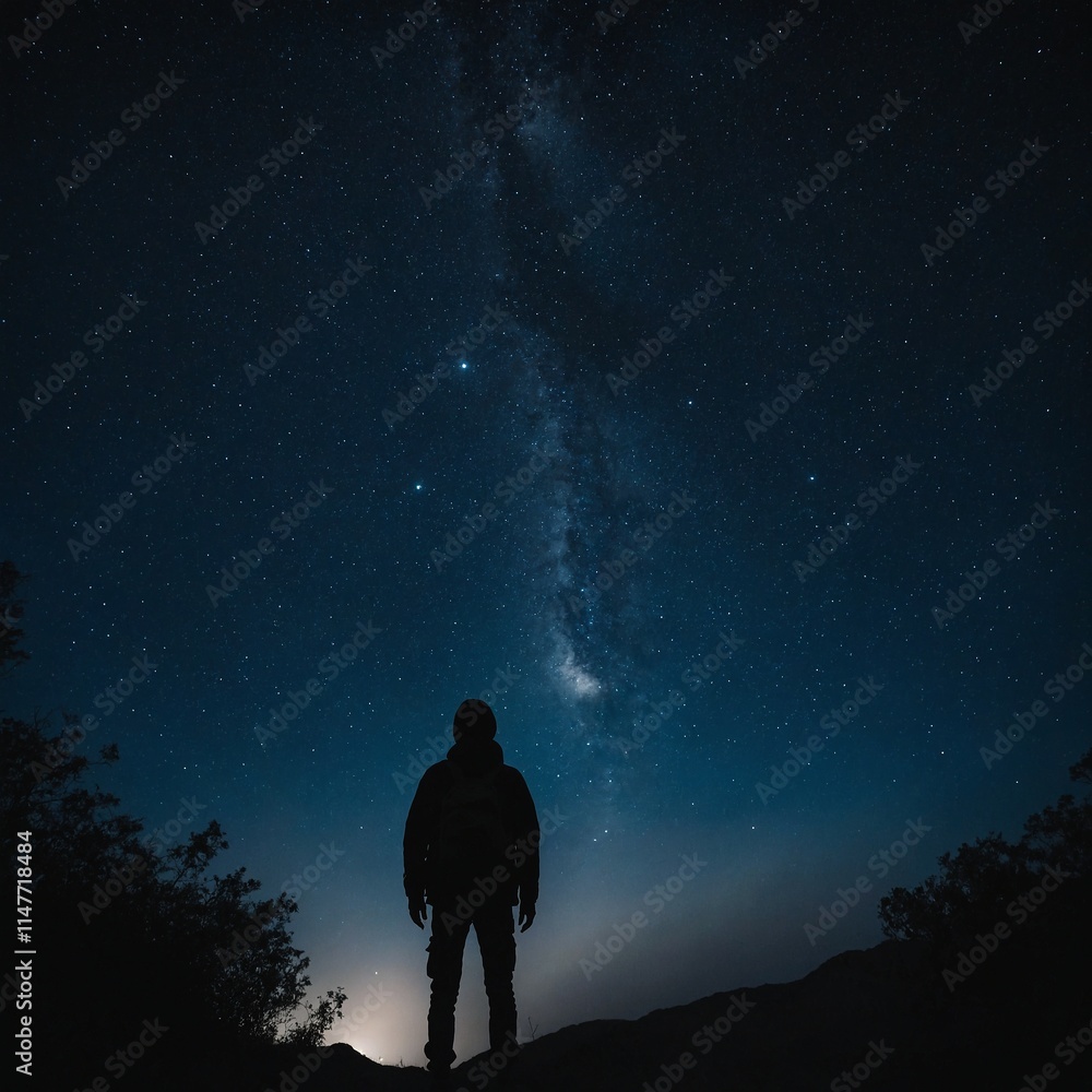 Capture a silhouette of a person under a starry sky.
Capture a silhouette of a person under a starry sky.