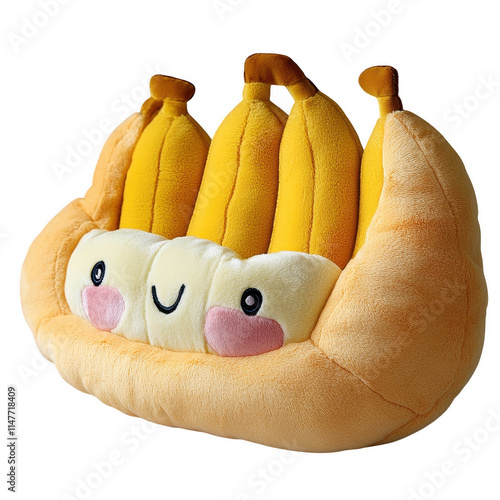 Vibrant Yellow Plush Banana Toy with Cartoonish Face, Transparent PNG for Children's Products or Novelties photo