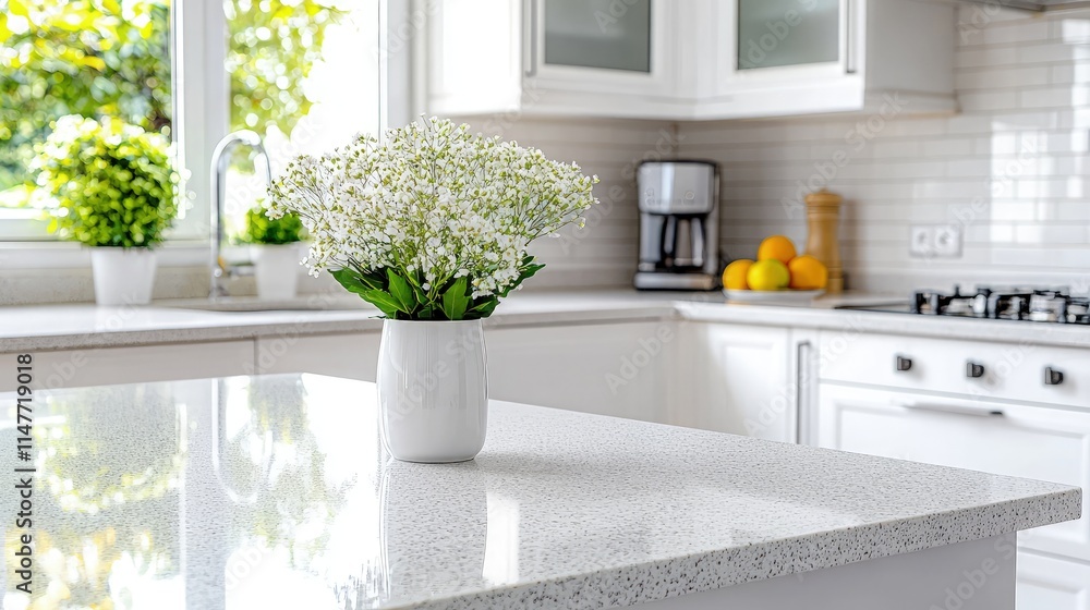 Fototapeta premium White flowers in vase on modern kitchen counter.