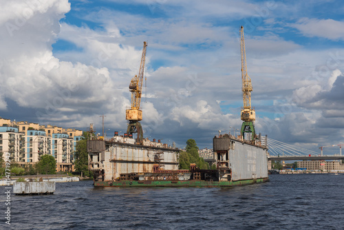 Saint Petersburg, Russia - August 12, 2024: ALMAZ Shipyard is shipbuilding enterprise in Saint Petersburg. The company specializes in the construction of high-speed ships and boats. High-quality photo photo