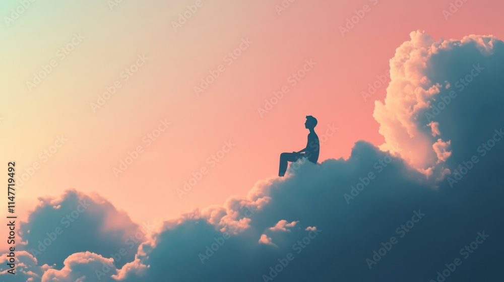 Contemplative Boy Silhouetted on Cloud at Sunset - Dreamy Pastel Sky Contemplative Boy Silhouetted on Cloud at Sunset - Dreamy Pastel Sky