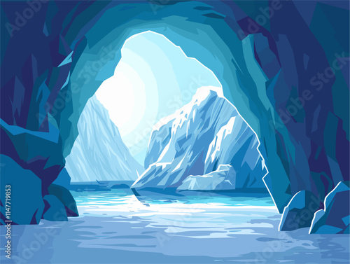Flat Style Vector Illustration of Ice Caves: Majestic Underground Ice Formations