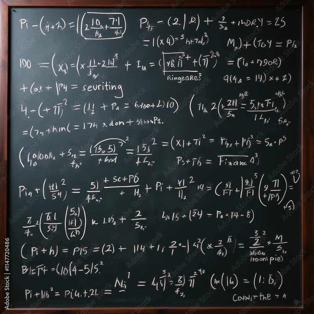 Chalkboard filled with the calculation process of pi (π) using various mathematical formulas and methods Chalkboard filled with the calculation process of pi (π) using various mathematical formulas and methods